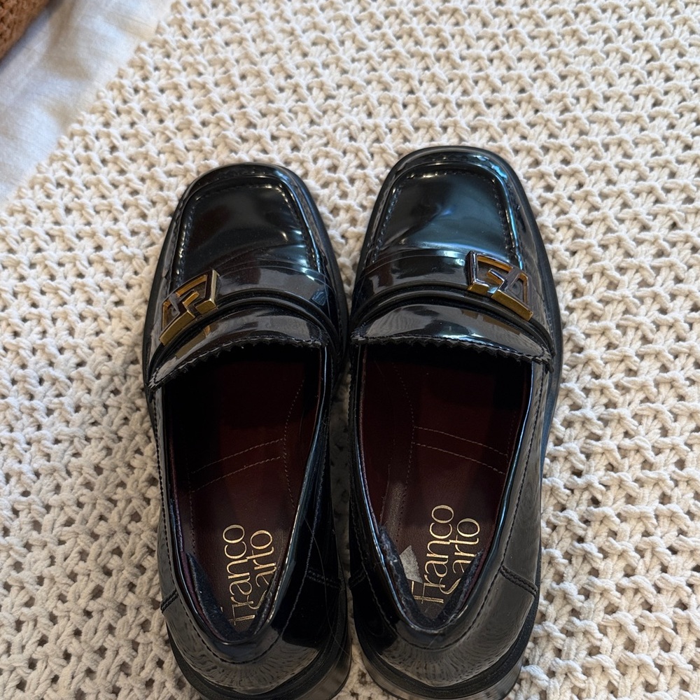 Franco Sarto Black Patent Loafers with Gold Hardware- Size 6.5